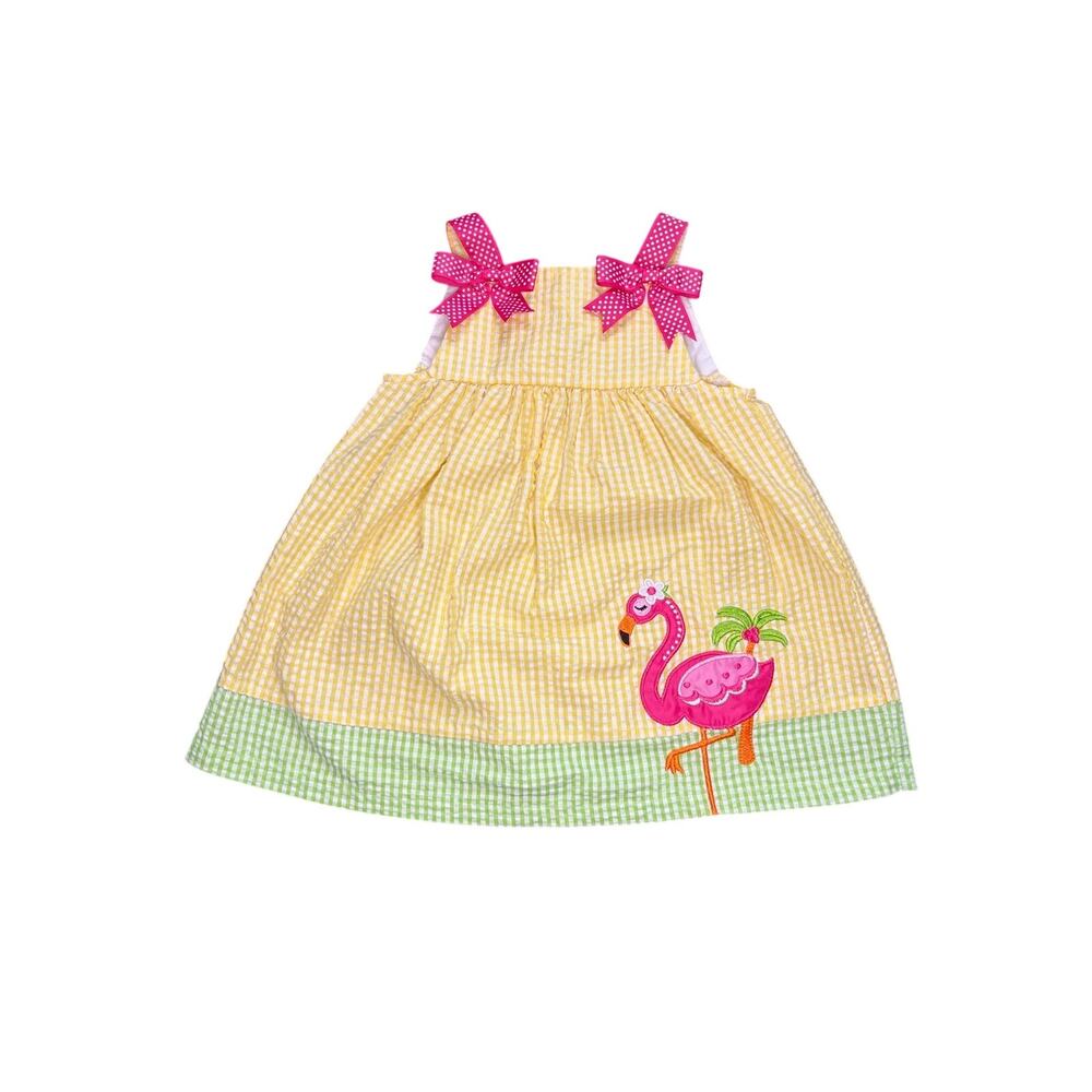 Rare Editions Toddler Girl Yellow Seersucker Flamingo Sun Dress 24M with Bloomer